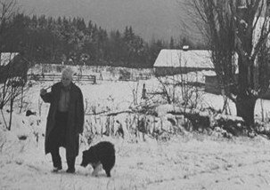 Poet Robert Frost in snowy woods in the US, around 1943